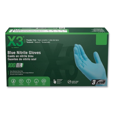 Ammex X3, Disposable Gloves, 3 mil Palm, Nitrile, Powder-Free, L, 1000 PK, Blue X346100